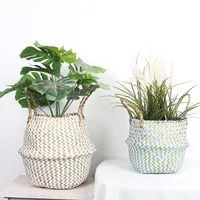 Boho Decor Striped Wicker Storage Baskets Handmade Collapsible Laundry Basket Patchwork Seaweed Flower Belly Garden Flower Pot