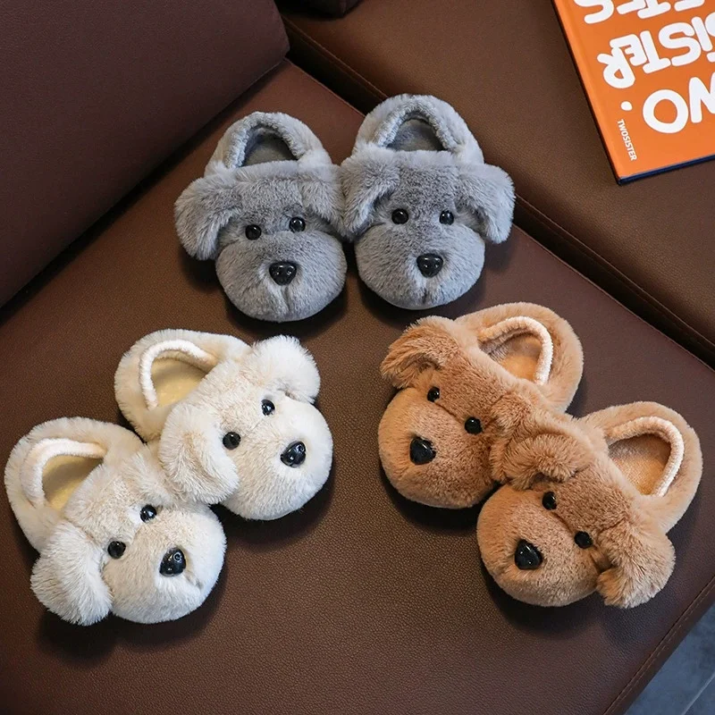 

Boys Girls Cotton Slippers Children Winter Warm Shoes Cute Puppy Soft Plush Comfortable Flat Bottom Anti Slip Kids Indoor Shoes