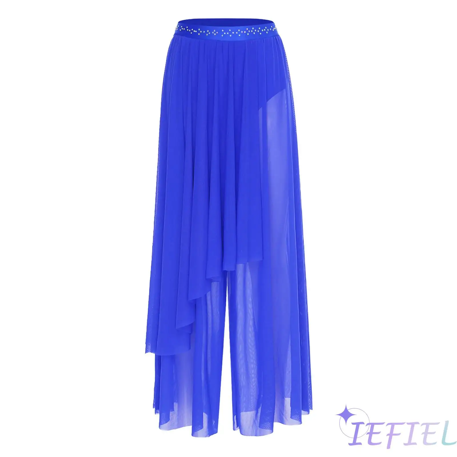 

Women Modern Lyrical Dance Pants Shiny Waistband Loose Leg Irregular Overlay Built-in Briefs Dance Bottom Contemporary Dancewear