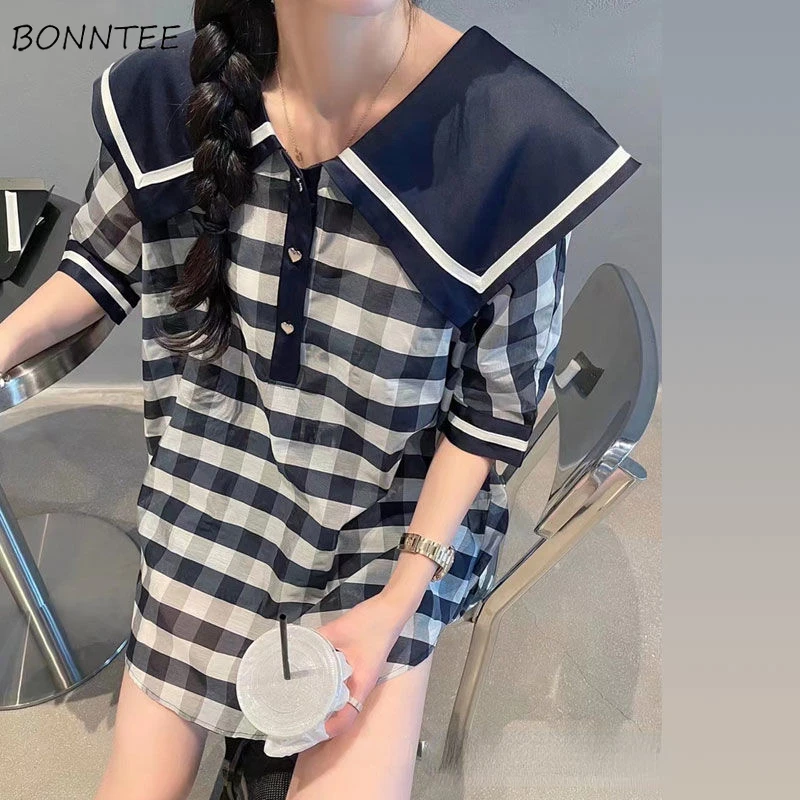 Plaid Blouses Women Design Panelled Sailor Collar Chic Summer Breathable Half-sleeve Loose Korean Style Student All-match Simple