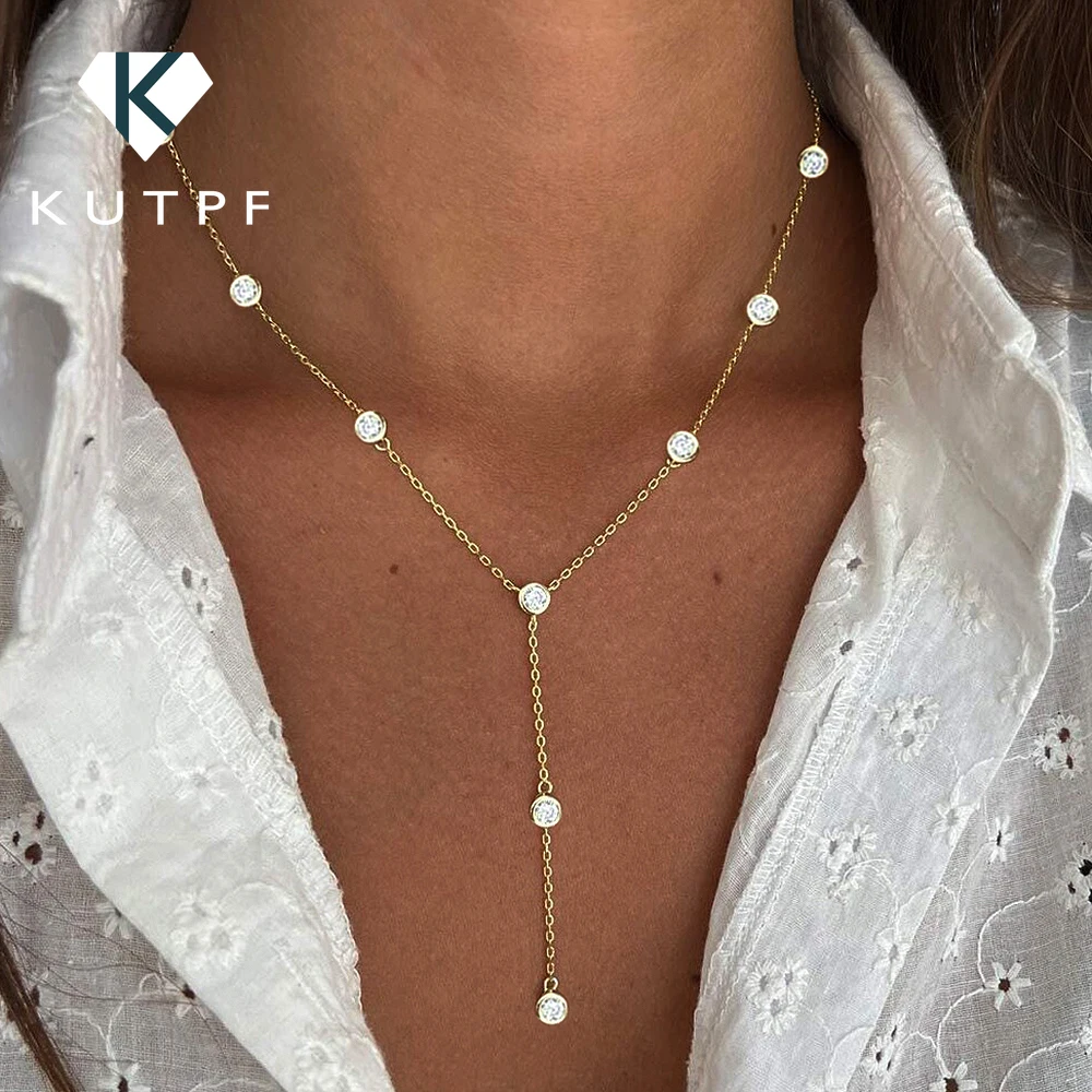 

3mm Round Bubble Bezel Set Moissanite Diamond Necklace 925 Sterling Silver Plated 18k Gold Long Tassel Neckchain for Women