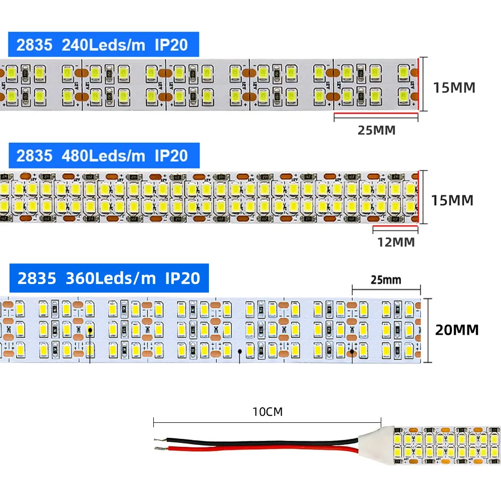 Super Bright Three Row Led Strip lights 2835 360Leds 480Leds 240Leds 12V/24V Flexible Led Tape IP67 Waterproof 3000K/4000K/6000K