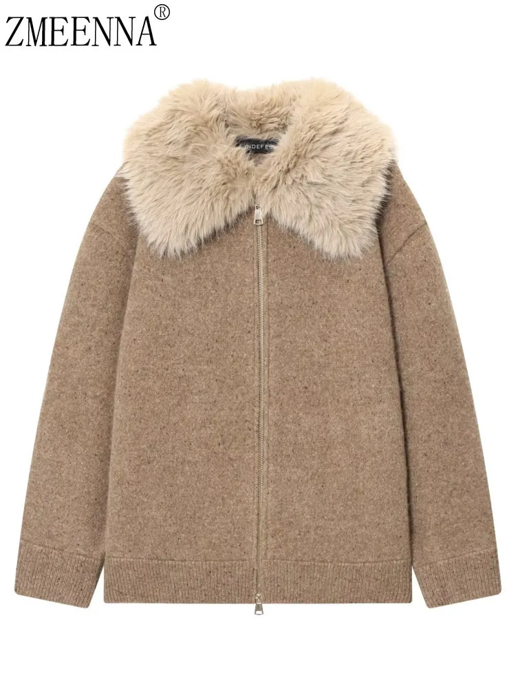 

ZMEENNA Womens Short Wool Cardigan Jacket Faux Fur Collar Zip Front Loose Fit Warm Outerwear Casual Fashion ZM4357