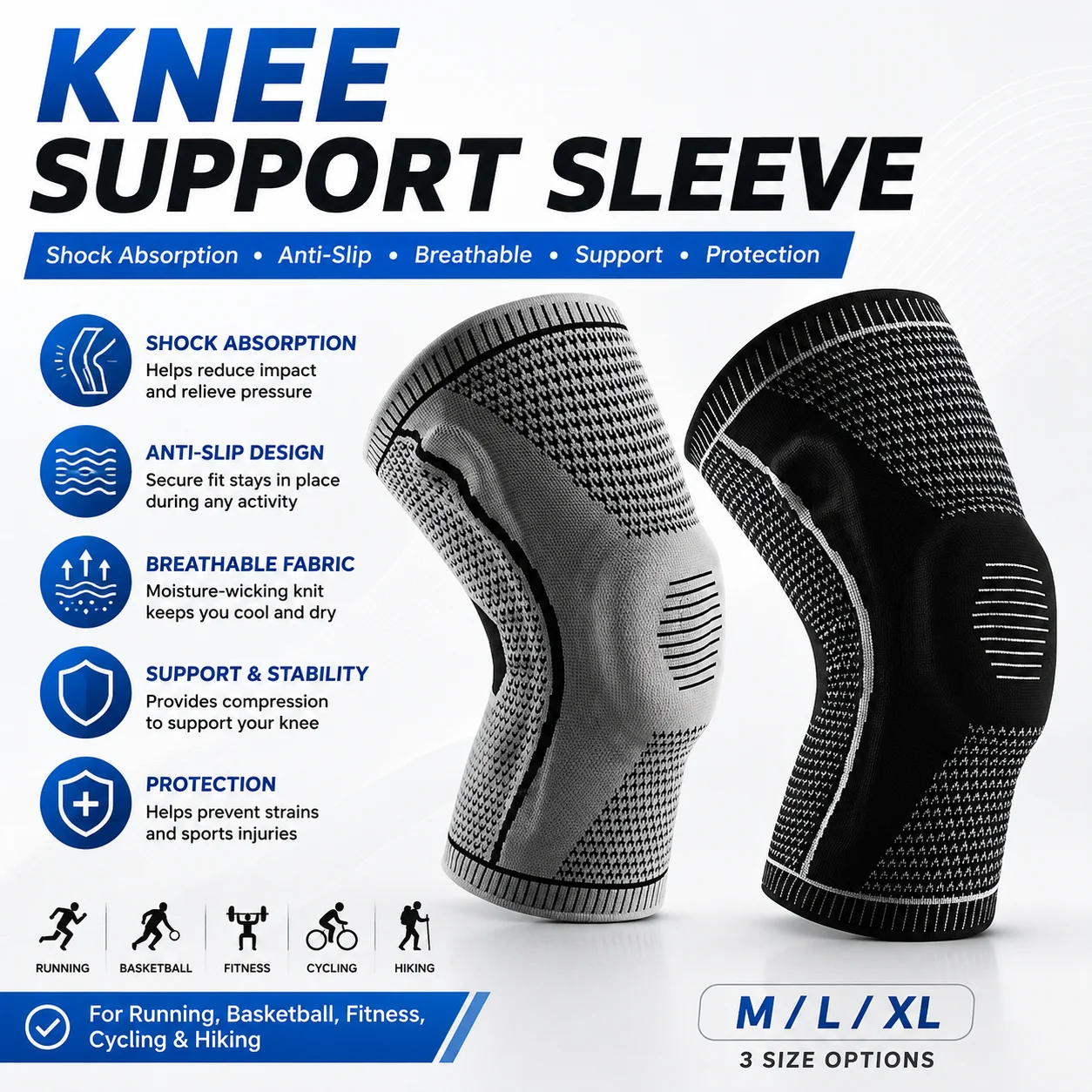 Knee Sleeve Compression - Kompressions-Kniebandage, atmungsaktiv, rutschfest, Sport-Kniebandage für Laufen,