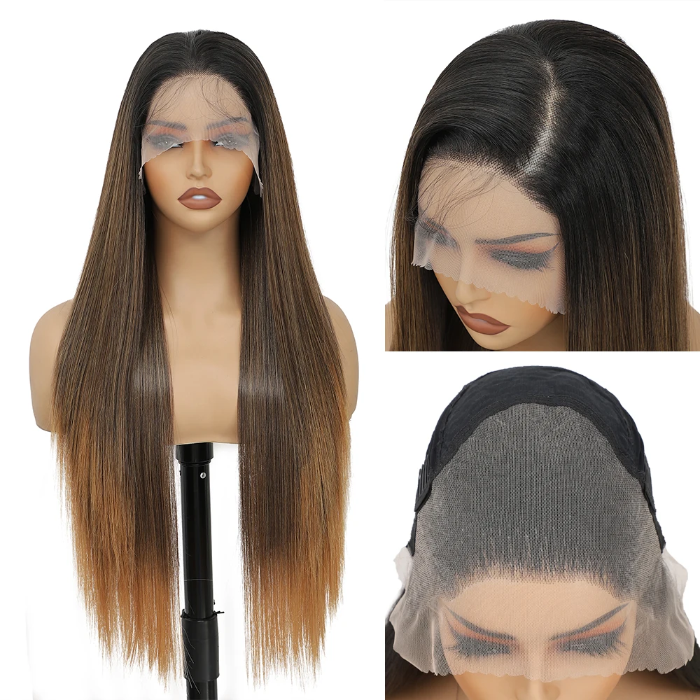 

13X4 Длинный прямой кружевной фронтальный парик, предварительно сорванный, 30 дюймов, омбре, коричневый, светлый цвет для женщин, синтетические парики для ежедневного использования