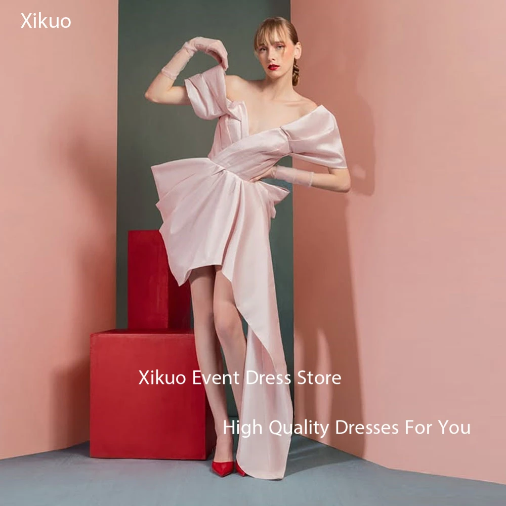 

Xikuo Graceful Pink Satin Prom Party Dress V Neck Bespoke Occasion Evening Gowns Above Knee Cocatail Evening Dresses Customized