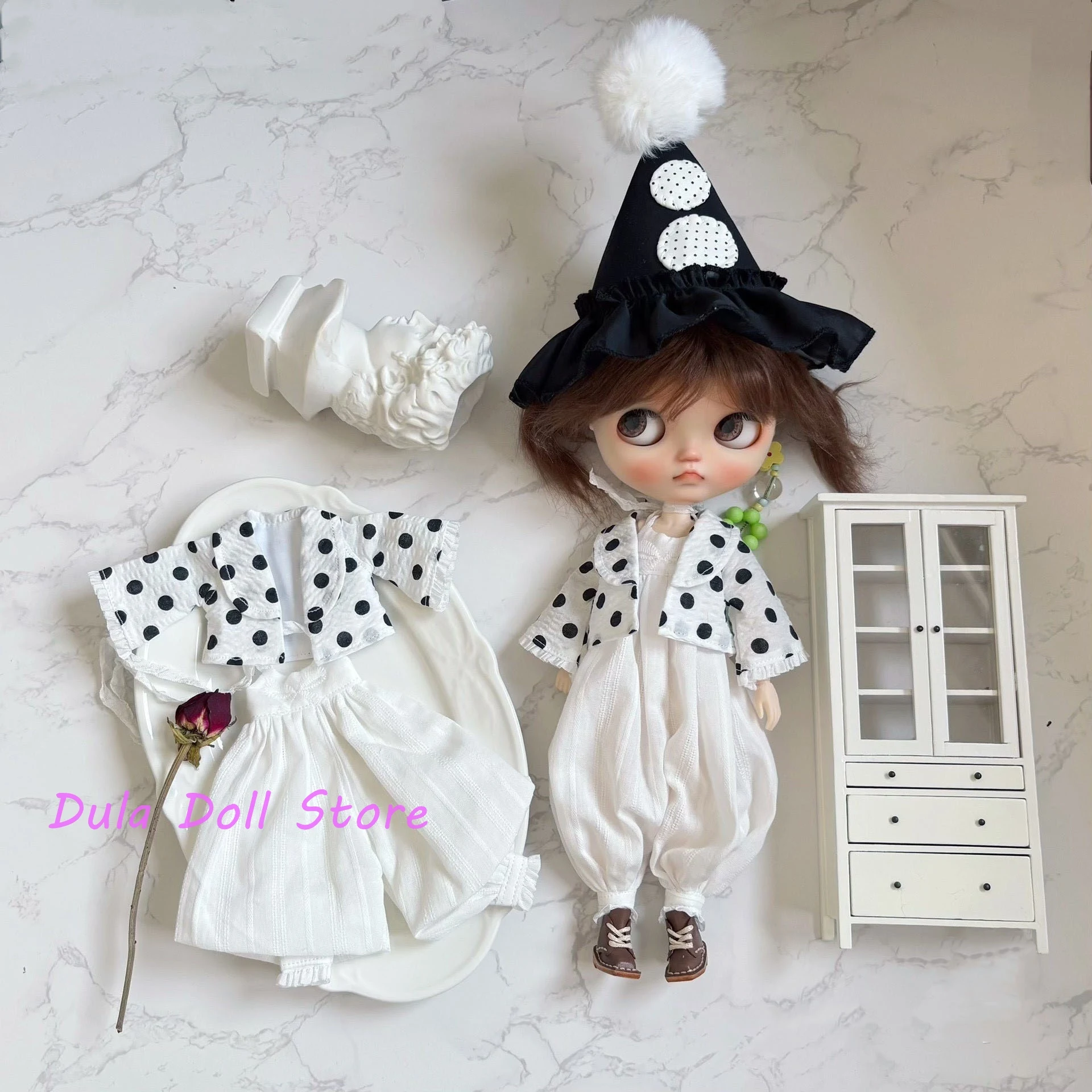 Roupas de boneca Dula Casaco de bolinhas branco bloomers conjunto de chapéu de bruxa Blythe ob24 ob22 ICY JerryB 1/6 Bjd Acessórios para bonecas