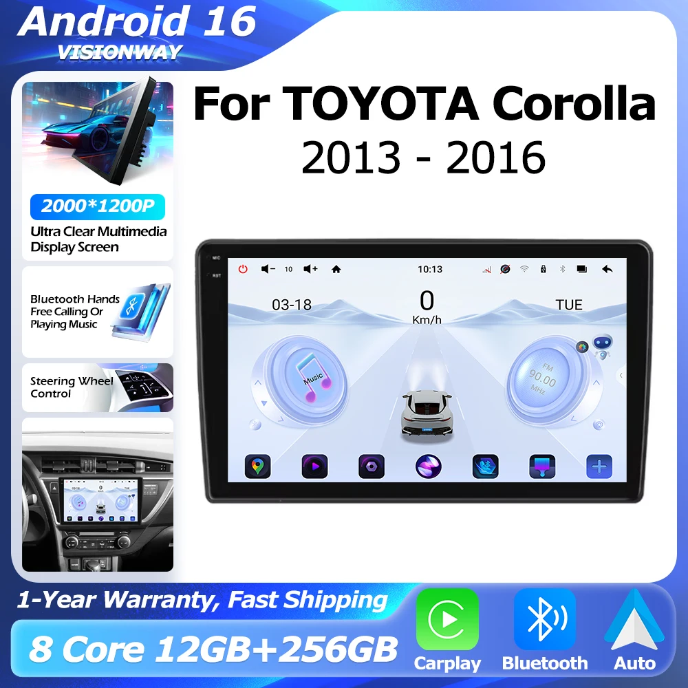 

For TOYOTA Corolla Auris 2013-2016 2000*1200P 8 Core Android 16 GPS Intelligent Multimedia Player Auto Wireless CarPlay WIFI DSP