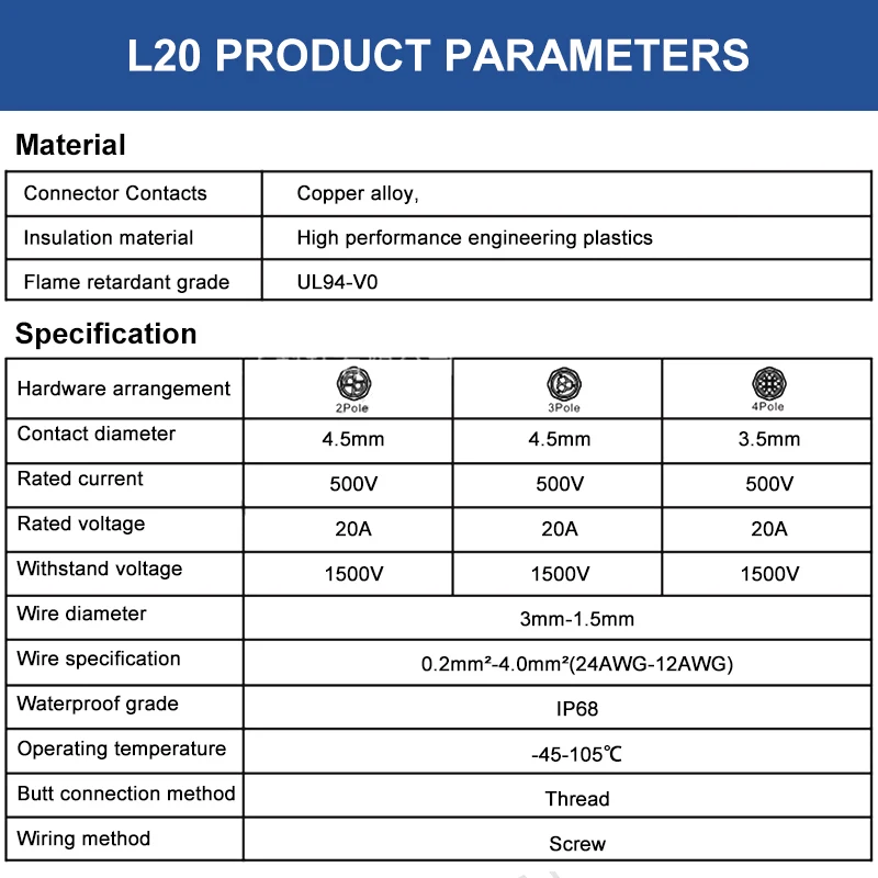 L20 Waterproof Cable Connector Outdoor IP68 2 3 4 5 Pin 20A/500V Connector for Light Power Drive 2/3/4Way Screw Wiring Joint