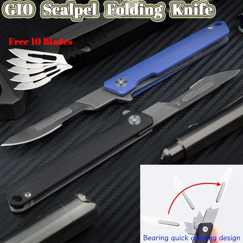 G10 Quick-opening Folding Knife  Multi-purpose  Utility Knife Mini Folding Keychain Scalpel EDC Courier Opening Knifves 10 Blade