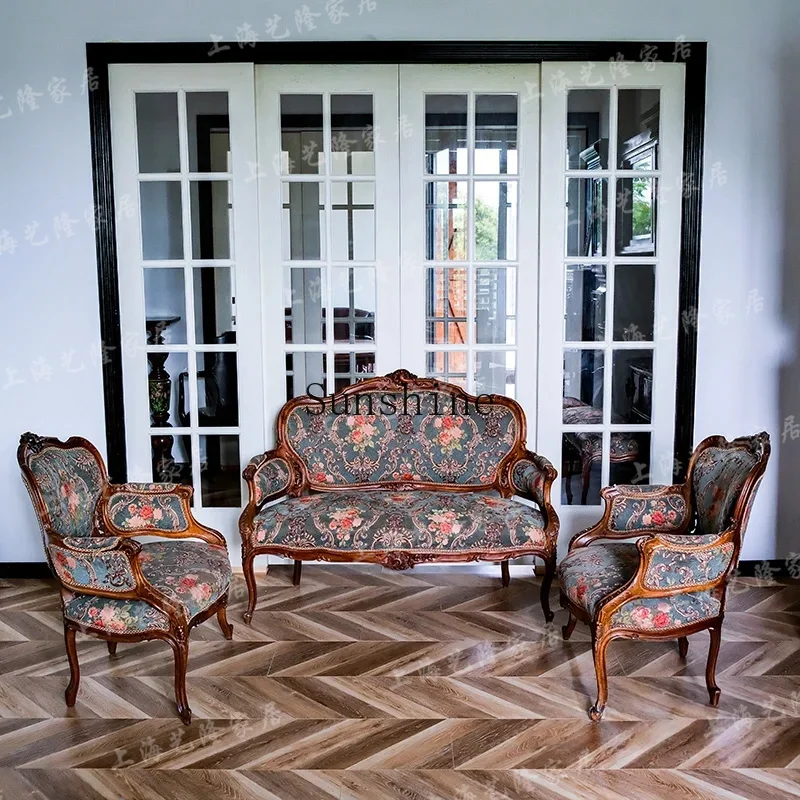 

Solid wood sofa fabric single double triple combination retro old carved tiger chair