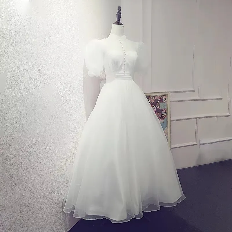 White Stand Collar Retro Wedding Dresses For Women Medium Length Korean Organza Bride Photo Shoot Ball Gown Formal Evening Dress