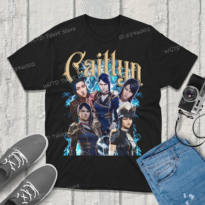 Caitlyn Arcane T-Shirt Unisex Vintage Streetwear League of Legends Shirt Anime Men Clothing Harajuku Streetwear