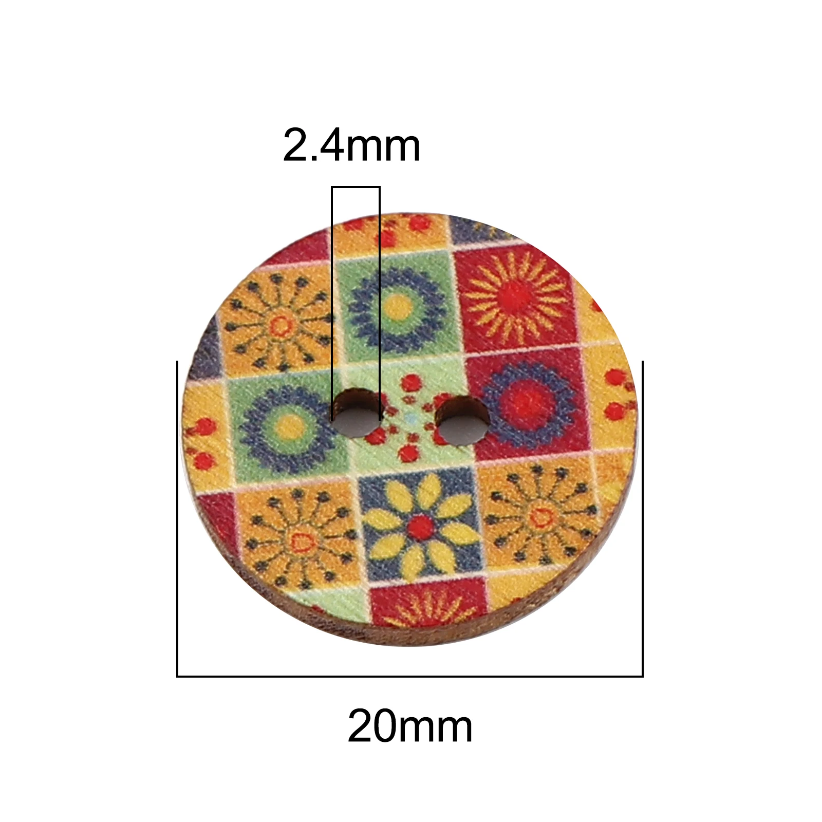 100 PCs 20mm 25mm Dia. Wood Buddhism Mandala Sewing Buttons Scrapbooking Two Holes Round Multicolor Flower  For DIY Craft Making