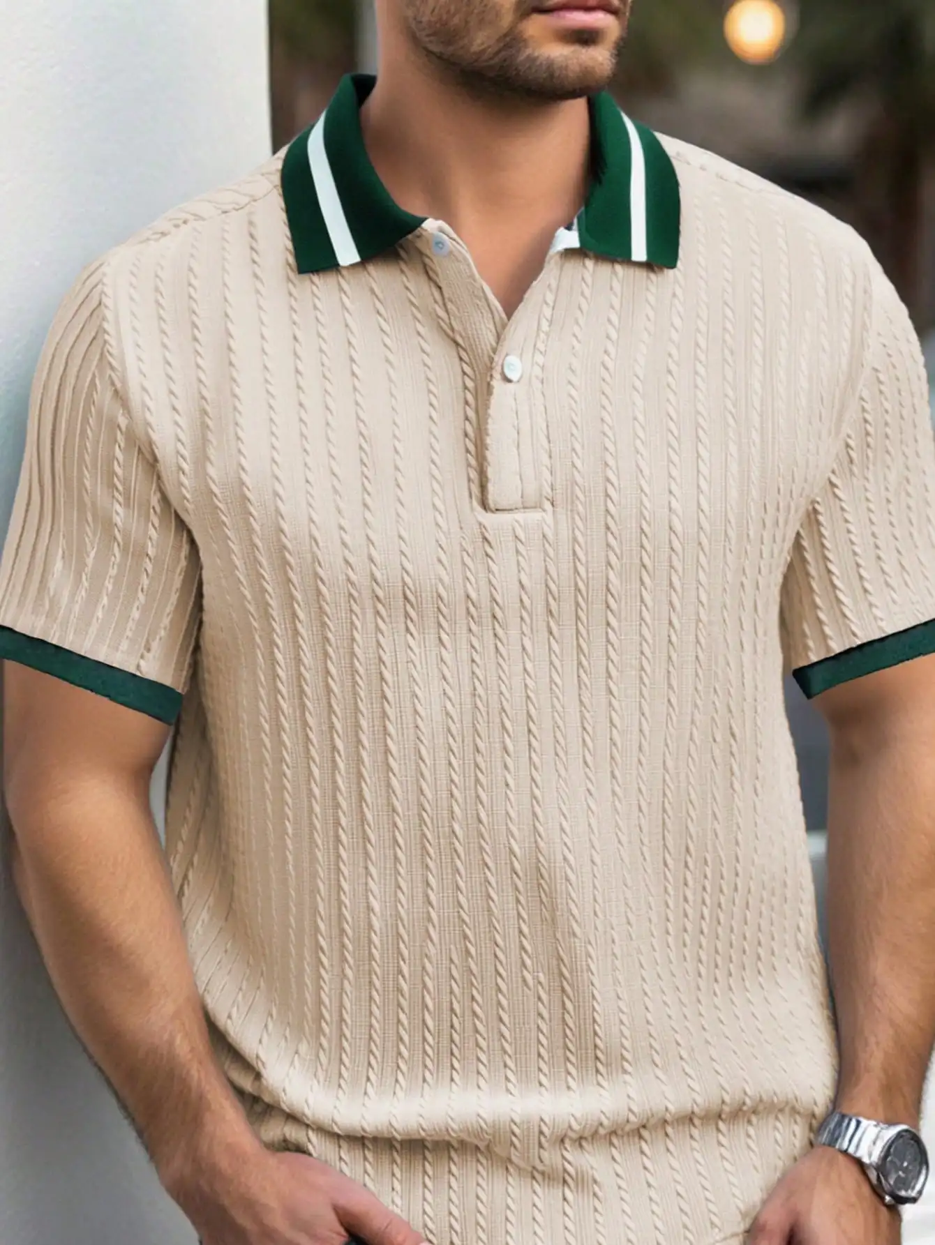 

Men's Beige Cable Knit Polo Shirt with Green Trim Collar and Cuffs