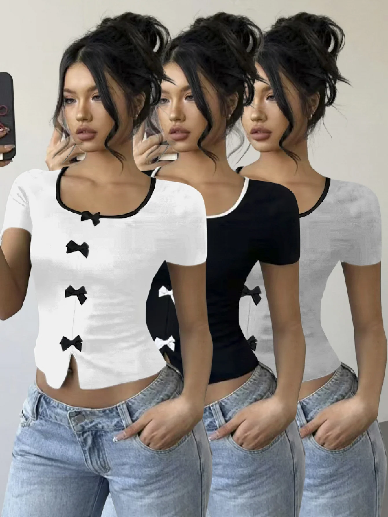 

Women's fashionable light knitwear, perfect for spring and autumn, stylish bow detail t-shirt three-piece set