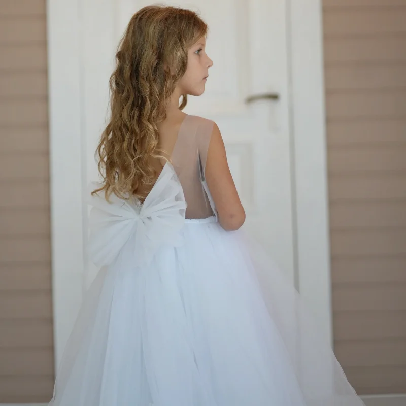 Vestidos blancos de flores para niña, apliques hinchados de tul con lazo sin mangas para boda, fiesta de cumpleaños, primera comunión