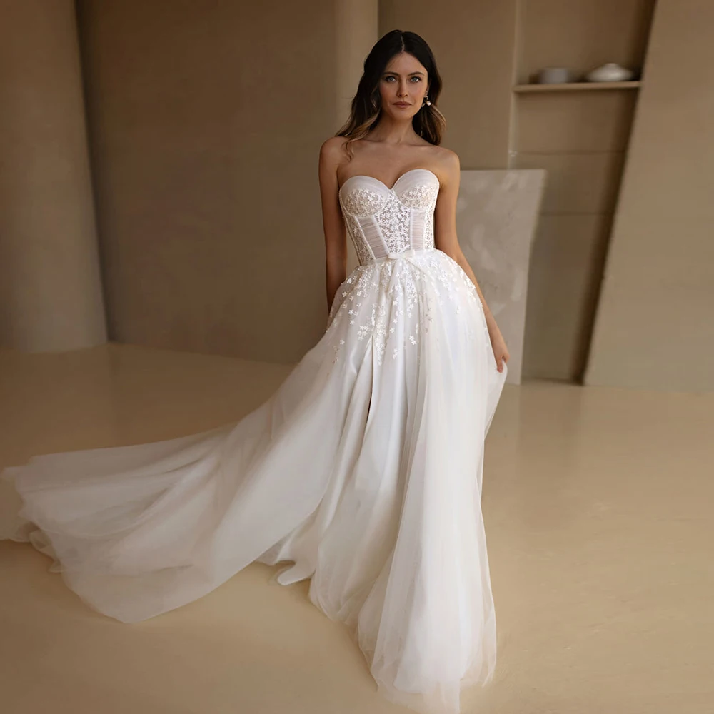 Elegant Sweetheart Wedding Dresses for Women 2024 Sleeveless Soft Tulle Bridal Gowns with Lace New Side Slit Vestidos De Novia