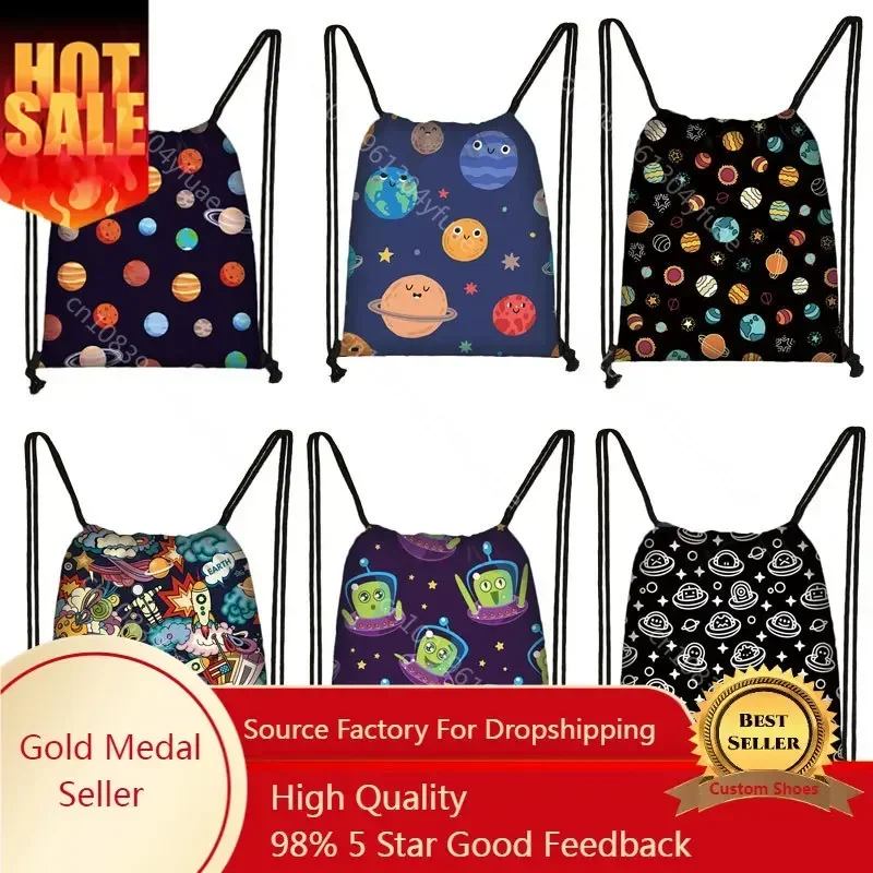 Spaceship Drawstring Bag Splendid Space Planet Backpack Women Fashion UFO aliens Softback For School Galaxy Travel Bag