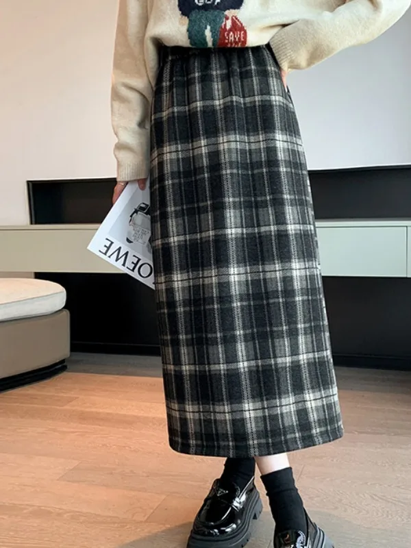 Autumn Winter Plaid Slim Fit Wrap around High Waist Half Body Skirt Sexy Style Versatile Woolen Skirt for Young Women
