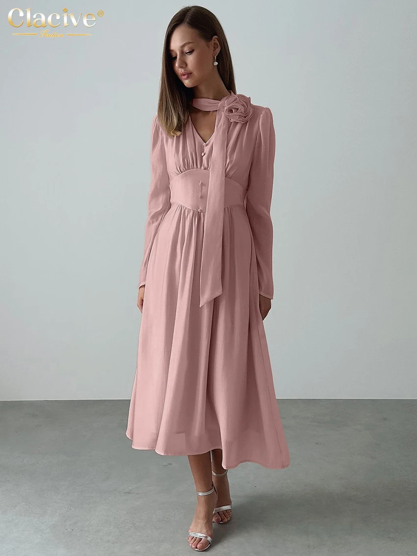 

Clacive Fashion Loose Pink Women's Dress 2025 Sexy V-Neck Long Sleeve Midi Dresses Elegant High Waist Pleated Female Dress