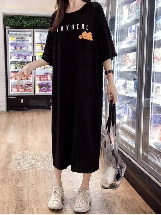 Grande taille femmes été coréen Sle ample longue t-shirt Dr genou longueur ventre couvrant ort Sve a-ligne Dr