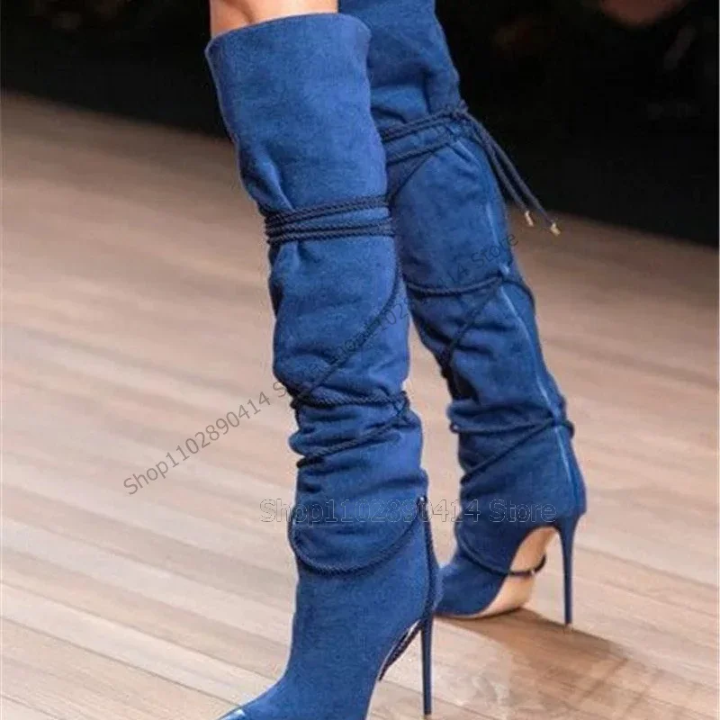 Navy Blue Patchwork Patent Leather Pointed Toe Boots Back Zipper Women Shoes Thin High Heels New Runway 2023 Zapatos Para Mujere