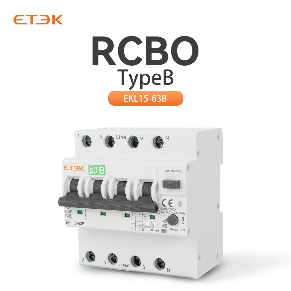 

ETEK RCD 30 мА Низкое Напряжение Тип B 40A защита от перегрузки по току и утечки RCBO 1000kA 2p4p автоматический выключатель остаточного тока EKL15