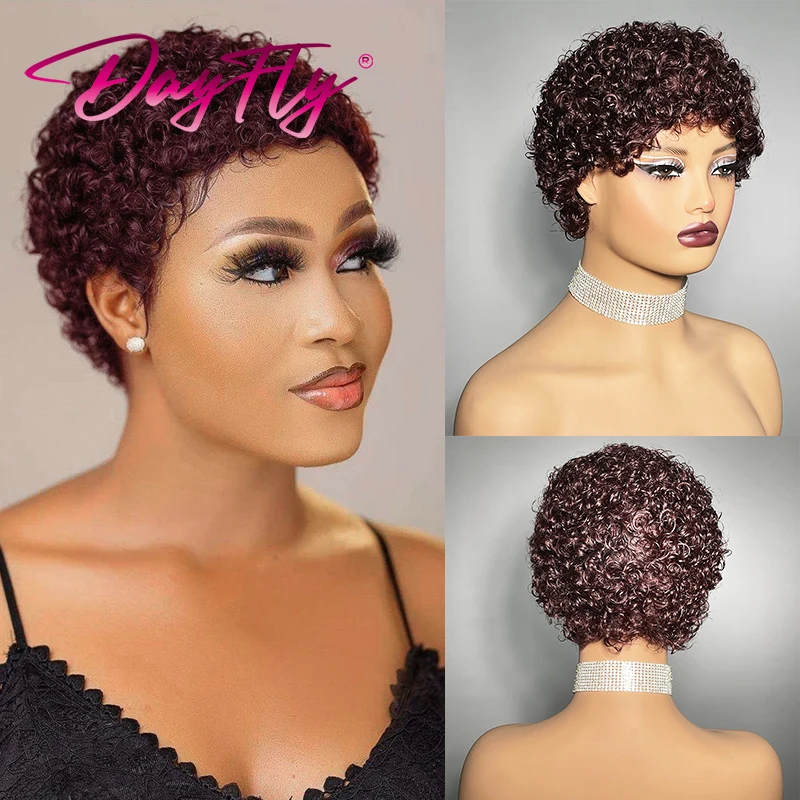 Perucas de cabelo humano encaracolado afro curto para mulheres negras, peruca fofa com franja, cabelo brasileiro Pixie cortado, perucas loiras