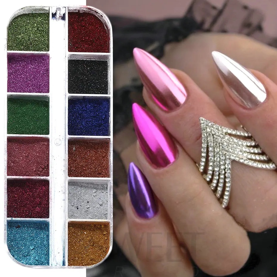 12 Farben Metallic-Pulver-Nagelpigment, holografischer Spiegel, Metall, feines Reiben auf Nagelstaub, Glitzer, UV-Gel-Nagellack, Nageldekoration – Detail 4