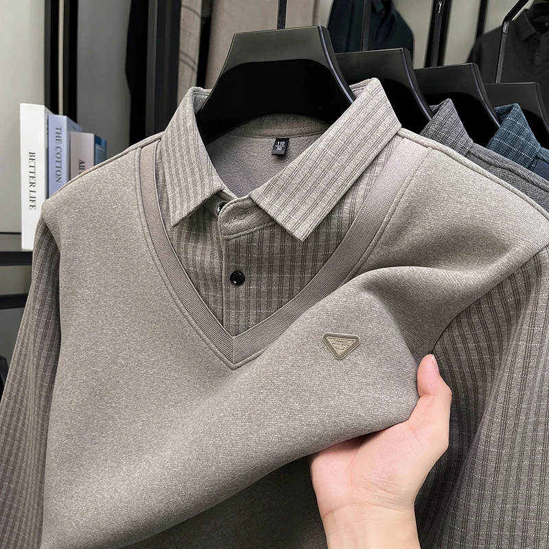 

High end brand personality checkered men's lapel sweater fashion triangle embossed new fake two pieces design casual pullover