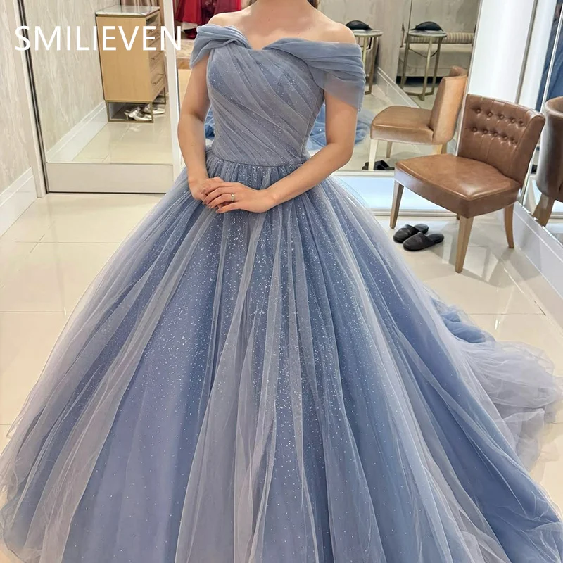 

Smileven Haze Blue Glitter A-line Off Shoulder Evening Dress Modest Prom Gowns Sleeveless Formal Party Dress Customized 2025