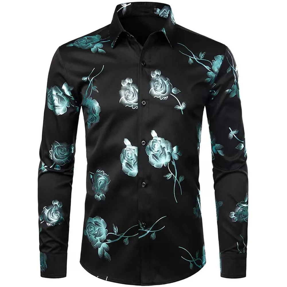 Men's Casual Shirts Long Sleeve Stretch Buttoned Turn Down Collar Vintage Shirts Male Party Daily Printing Lapel Shirt
