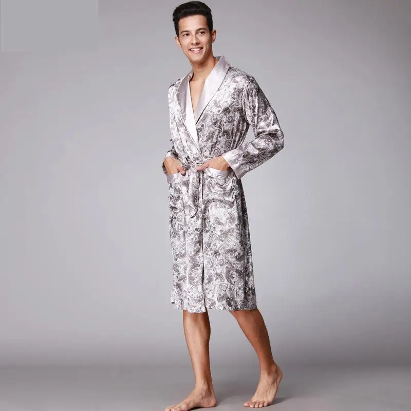 Men Kimono Robes V-neck Faux Silk Bathrobes Nightgown For Male Satin Sleepwear Summer Paisley Pattern Pajamas