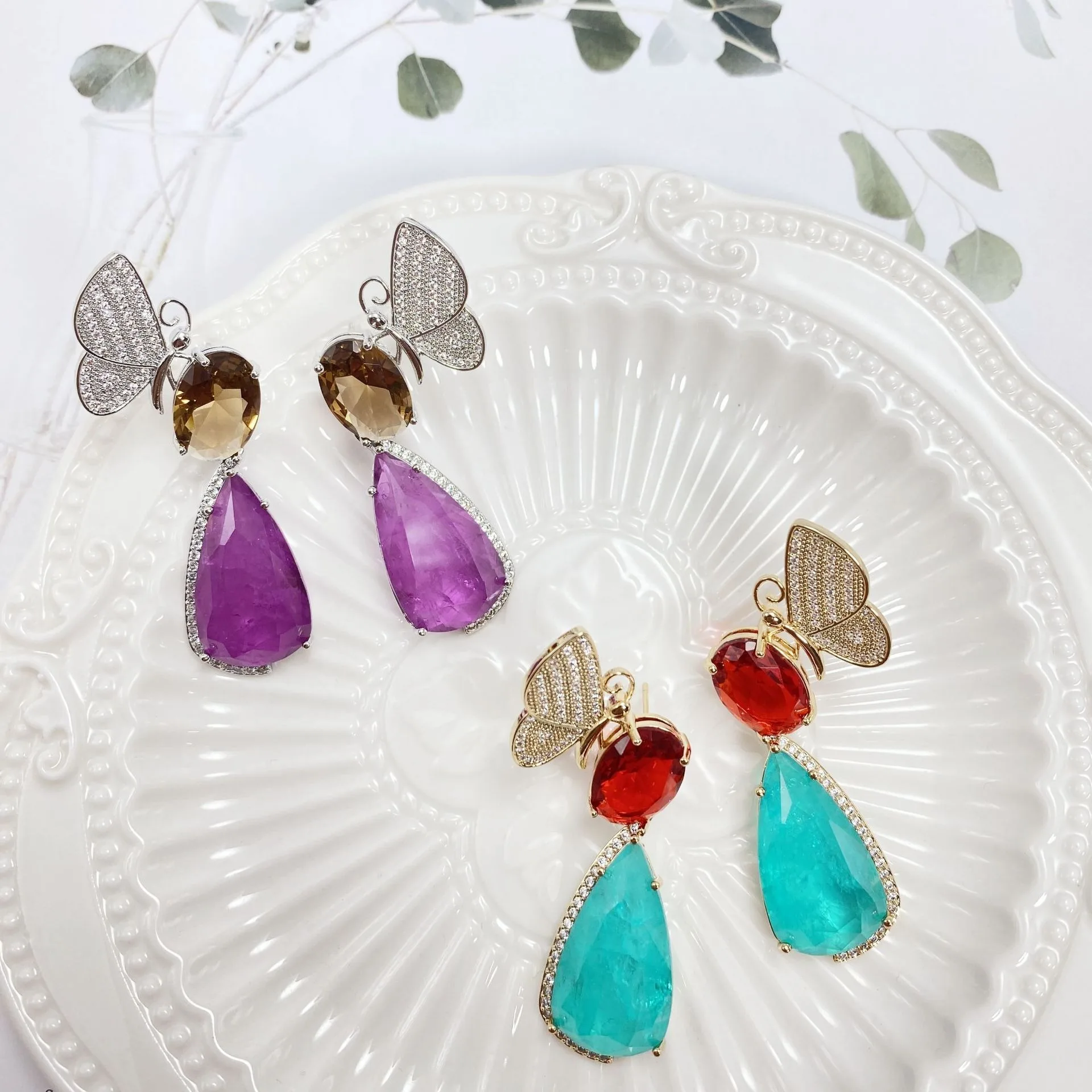 Multi-Color Elegant Butterfly Earrings Fashionable Crystal-Drip Butterfly Earrings for Women Party Gift Accessories Wholesale