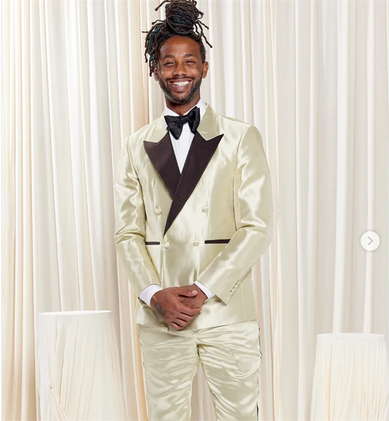 Ivory Satin Men Suit Set 2 Pcs Blazer+Pants Trousers Male Groom Wedding Tuxedo Formal Office Business Jacket Coat Customized