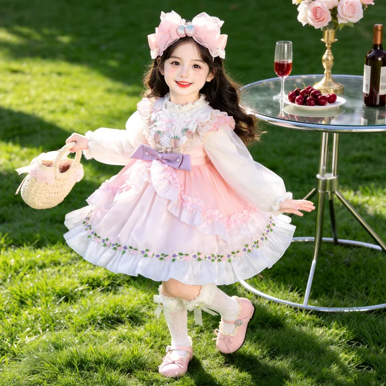 Vestido de Saia de Princesa Doce para Meninas, Saia Puff Estilo Lolita, Vestido Midi com Estampa Floral e Cintura Elástica, S...