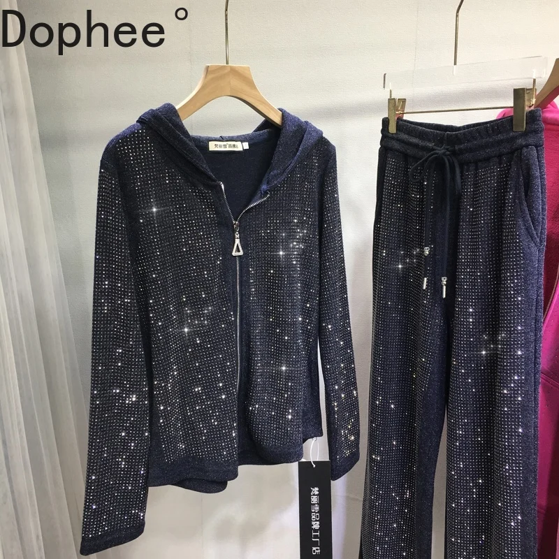 

Модный женский комплект из двух предметов, блестящий кардиган с капюшоном и длинными рукавами на молнии с бриллиантами, топ + эластичная талия, широкие повседневные прямые брюки