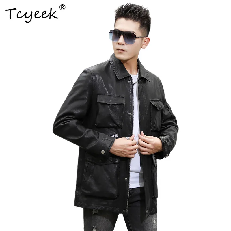 Tcyeek Genuine Leather Jacket Mens Sheepskin Coats Mid-length Trendy Youth-fit Jackets for Man Autumn 2026 New Casaco Masculino