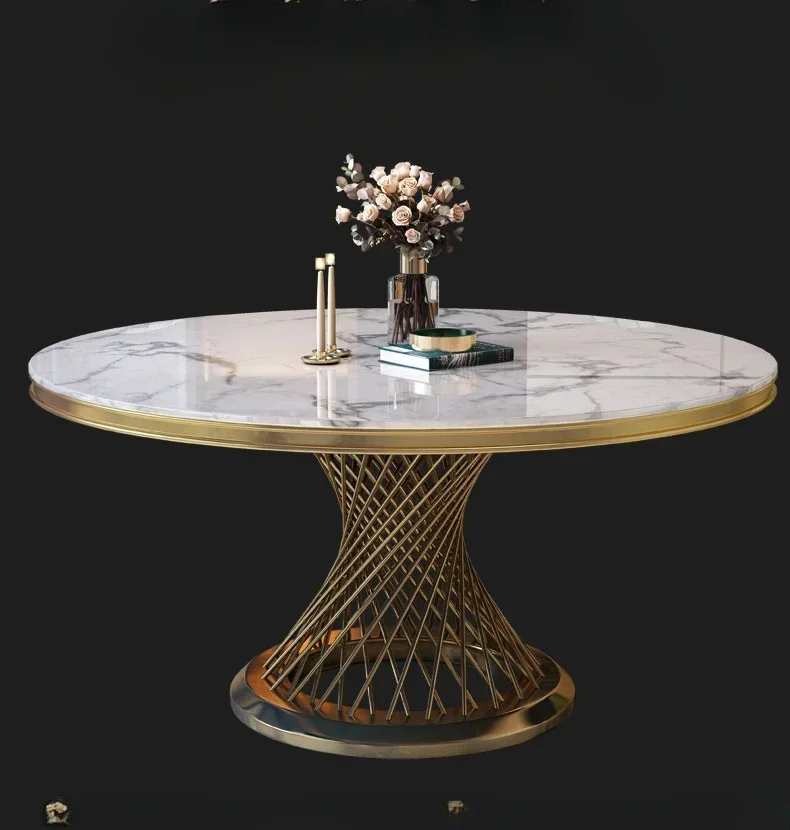 AALight Luxury Marble Dining Table And Chair Combination Round With Turntable Dining Table Rock Slab Rotation