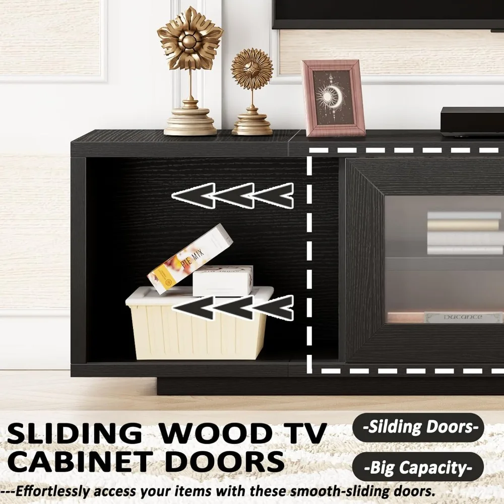 Suporte de TV preto de 55 polegadas, centro de entretenimento para quarto e armário sob TVs com armazenamento, console de TV moderno