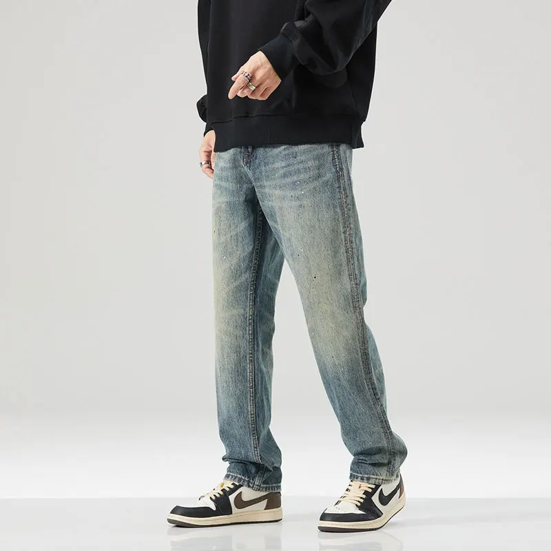 Y2K new men's retro work pants with washed pockets and decorative water, retro stretch slim fit, retro blue work pants,