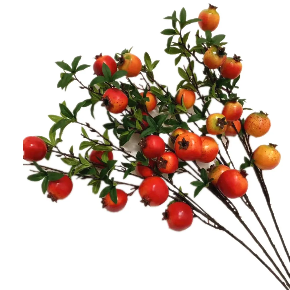 One Artificial Pomegranate Stem 7 Fuits Faux Greenery Plant Apple Tree Branch