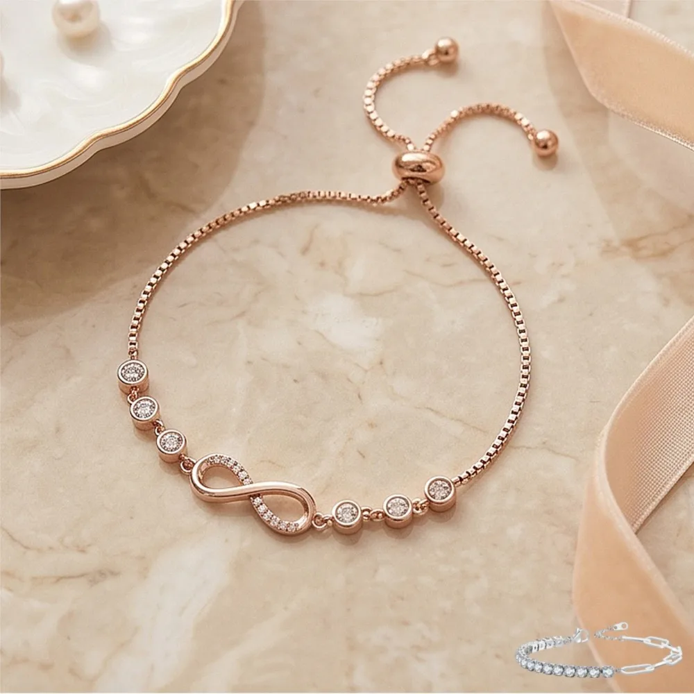 Rose Gold Color Infinity Symbol Bracelets Adjustable Cubic Zirconia Hand Chain Jewelry  Gift For Women Daily Party Accessories