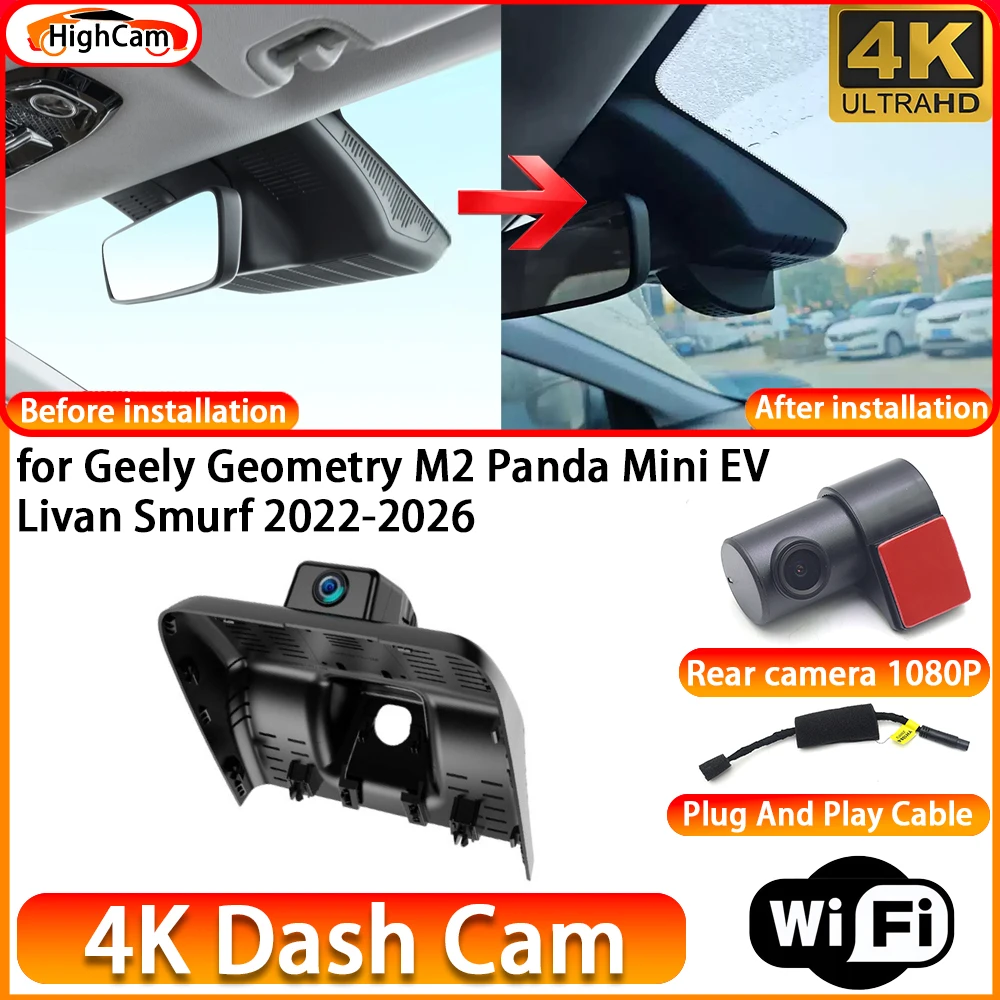 HighCam for Geely Geometry M2 Panda Mini EV Livan Smurf 2022-2026 OEM 4K DVR Dash Cam Front Rear Camera WiFi Video Recorder