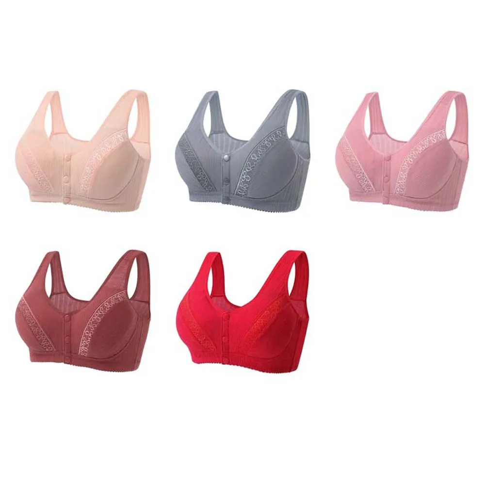 Breathable Flower Bras for Older Women Gathered Breasts Close-fitting Front Close Button Cotton Bras Widened Shoulder Straps