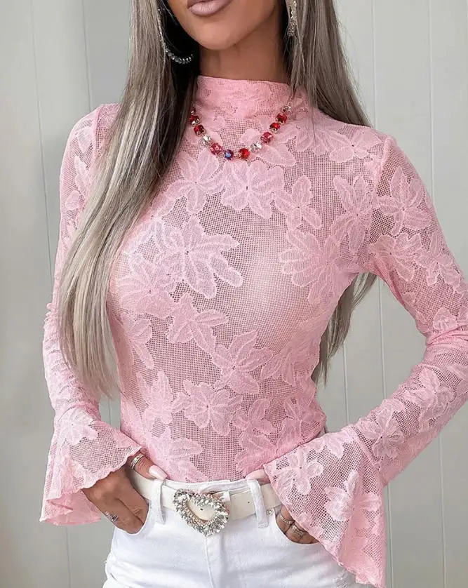 

Women's Fashion Transparent Slim Fit Floral Lace Top, Stand Up Collar Flared Sleeves Flip Perspective Sexy T-Shirt Top