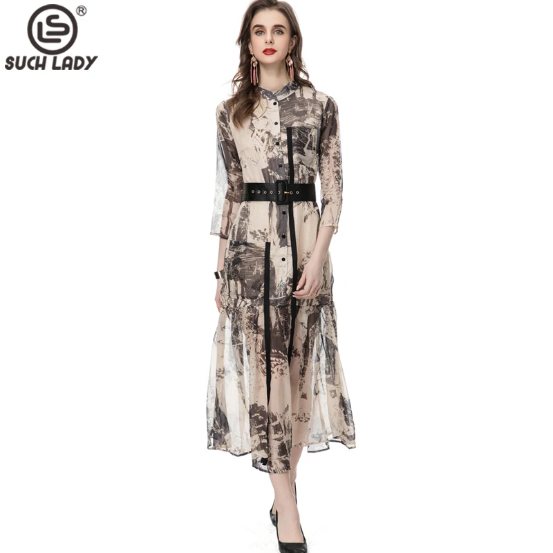 

Women's Runway Dresses Stand Neck Long Sleeves Printed High Street Fashion Casual Mid Vestidos