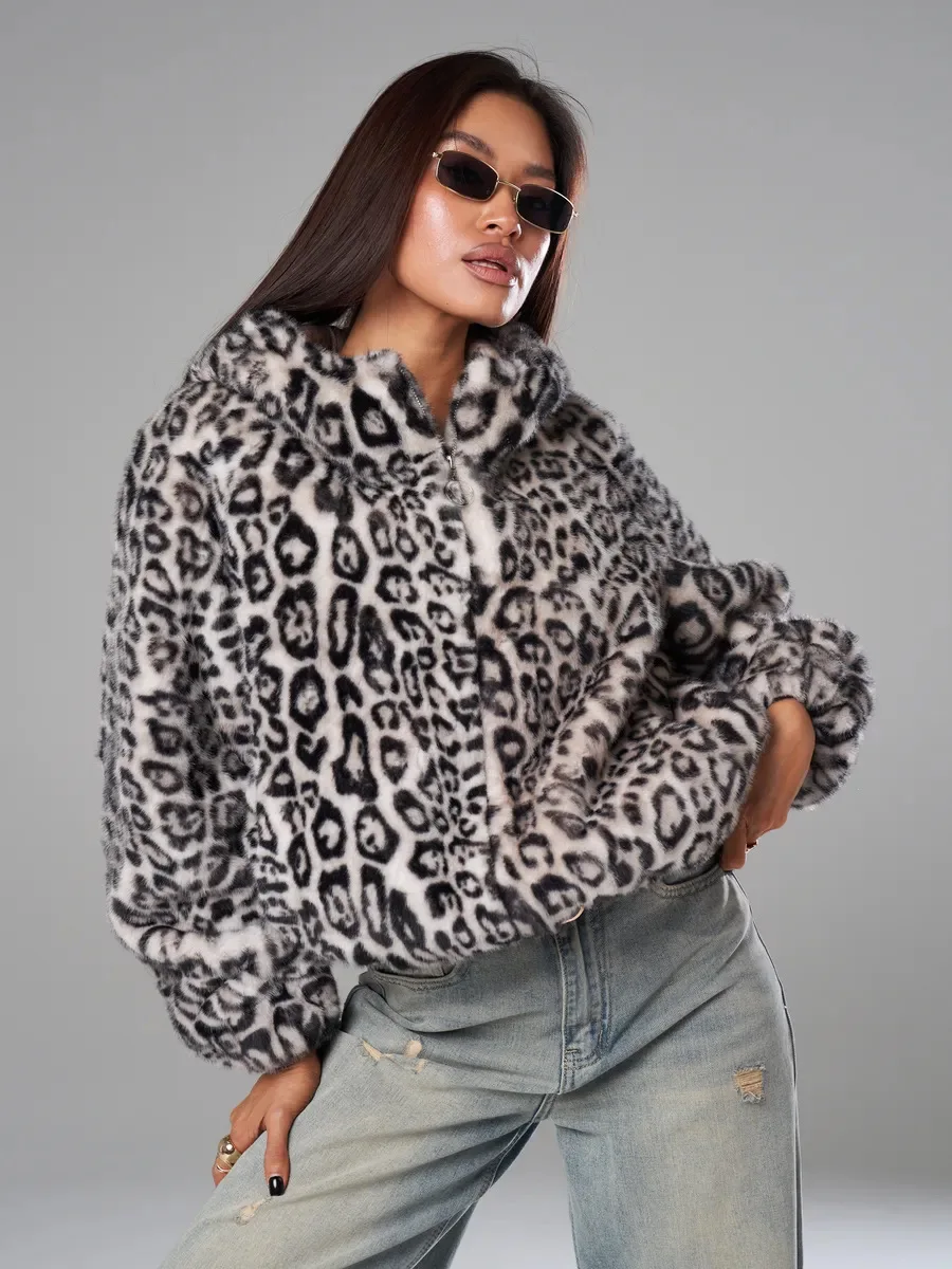 Winter Women Hooded Faux Mink Fur Jacket Black White Leopard Print Fluffy Plush Outerwear Female Streetwear Zipper Fur Coat