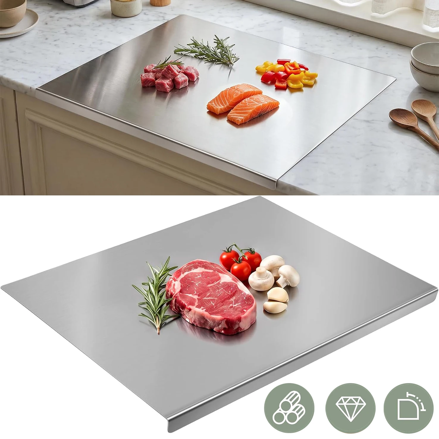 Tagliere in acciaio inossidabile – Taglieri da cucina antiscivolo, lavabili in lavastoviglie – Ideali per carne, verdure, frutta, pane e preparazioni da forno – Adatti sia per uso commerciale che